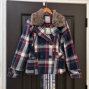 NWT Beautiful Dollhouse Navy and Red Plaid Pea Coat with Faux Fur Collar